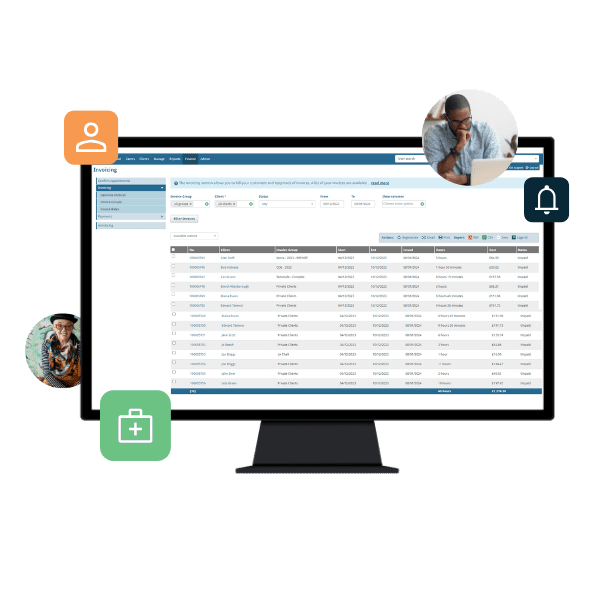 A desktop screen shows invoicing care appointments on Nourish rostering