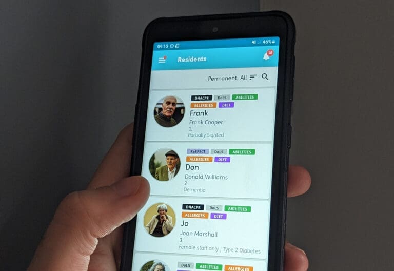 The Nourish Handset shows a list of care home residents