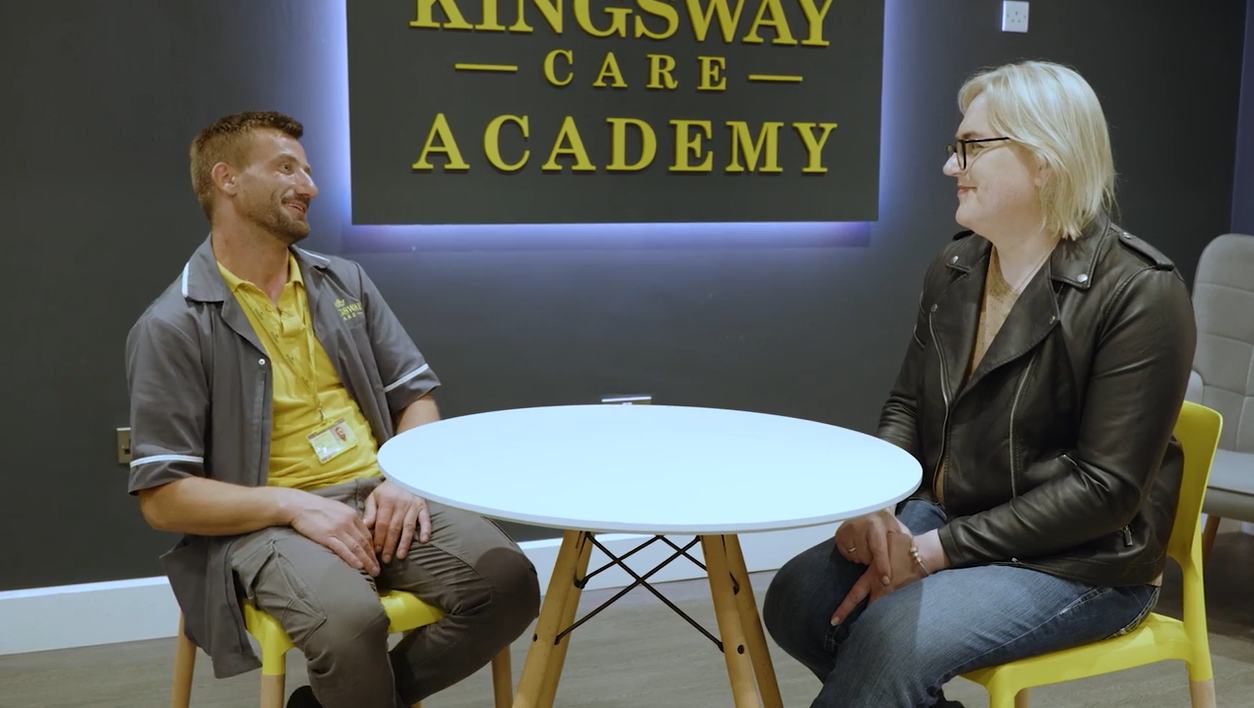 Lee and Sorin share a conversation at the Kingsway Care offices