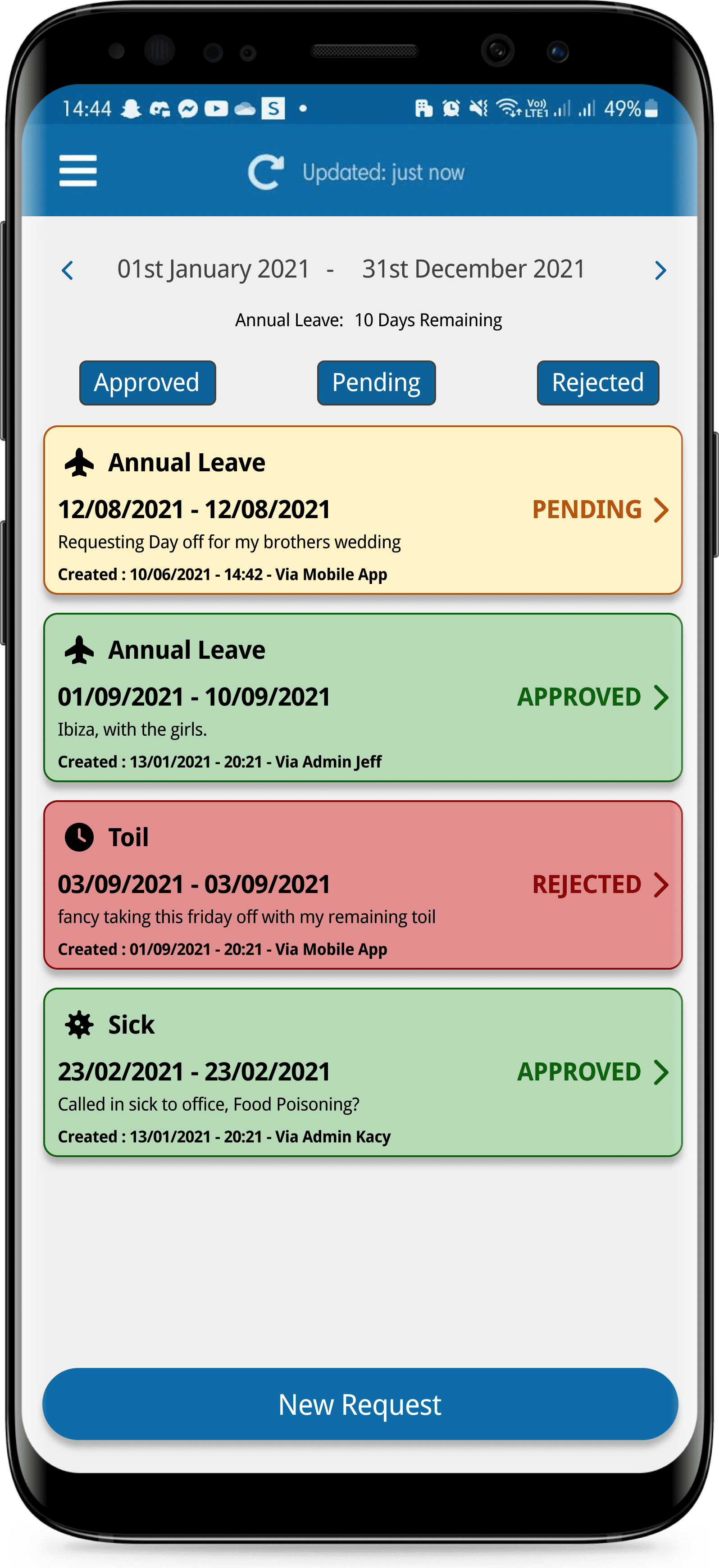 A mobile shows time off requests including sick leave, time off in lieu (TOIL), and annual leave