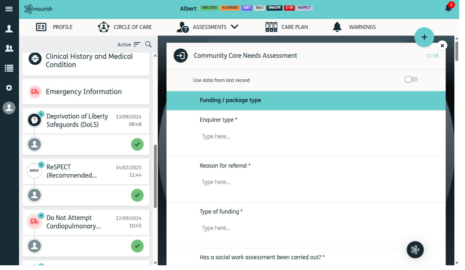 The Assessments screen of Better Care at Home
