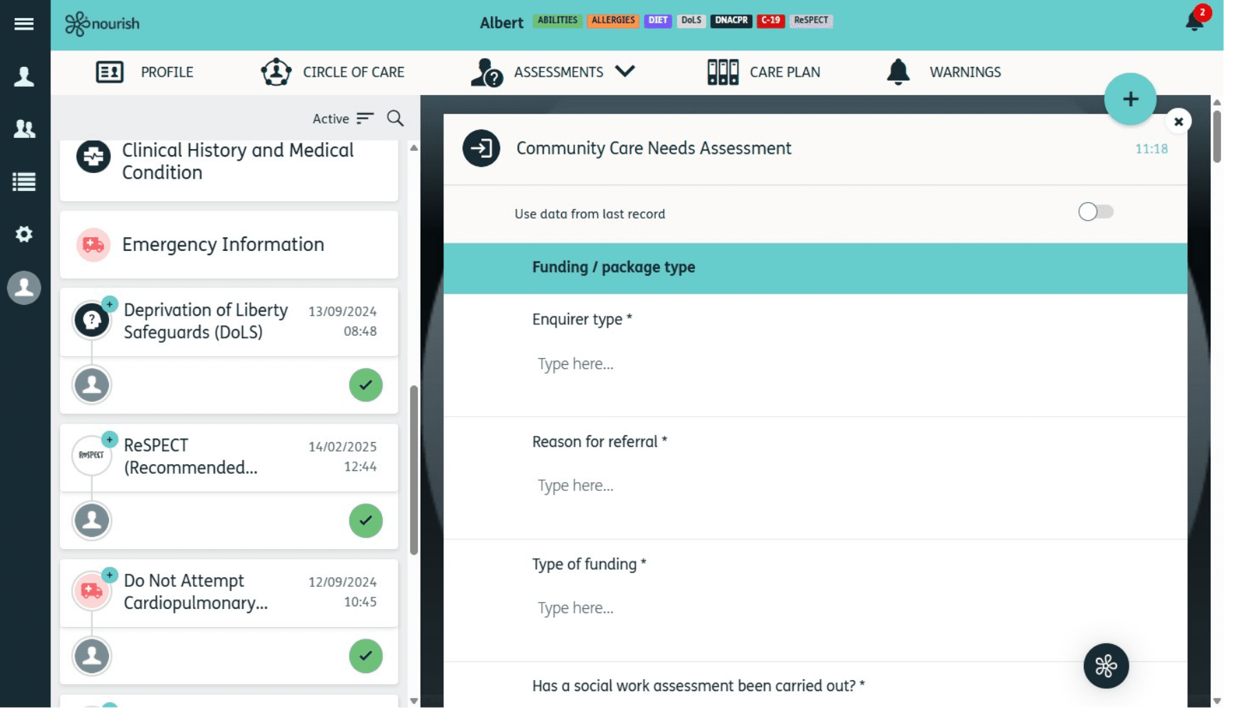 The Assessments screen of Better Care at Home
