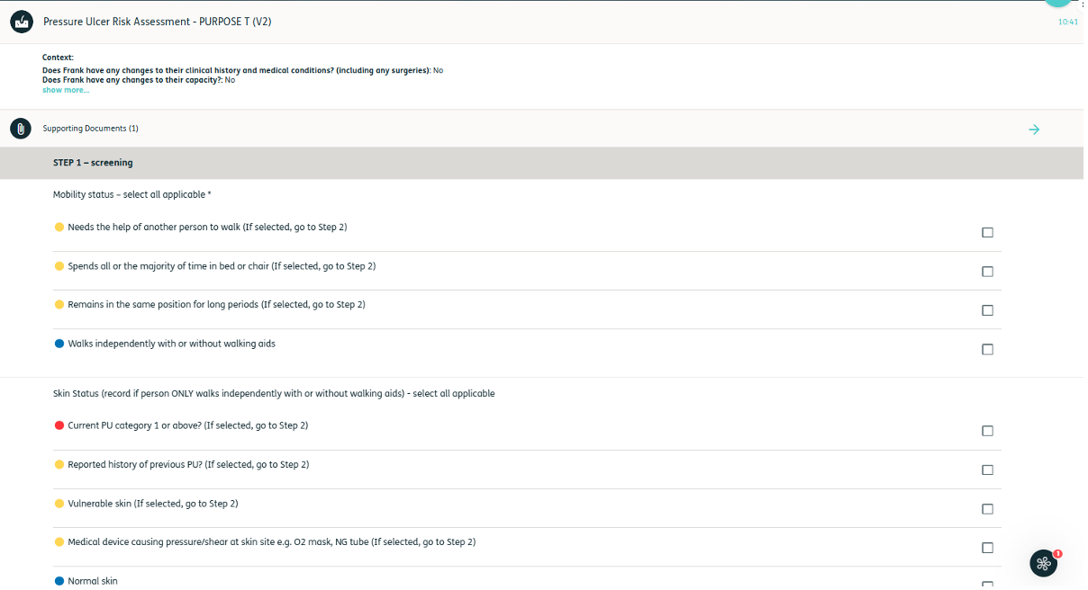 The Nourish Better Care assessments screen