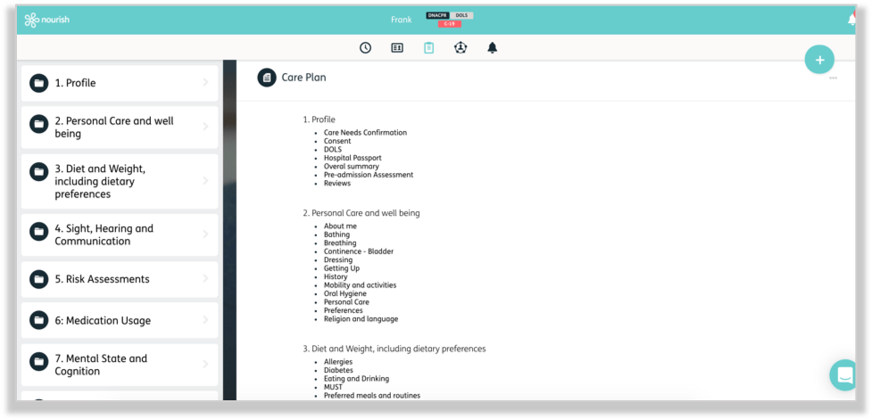 The Nourish Better Care contextual care plans screen