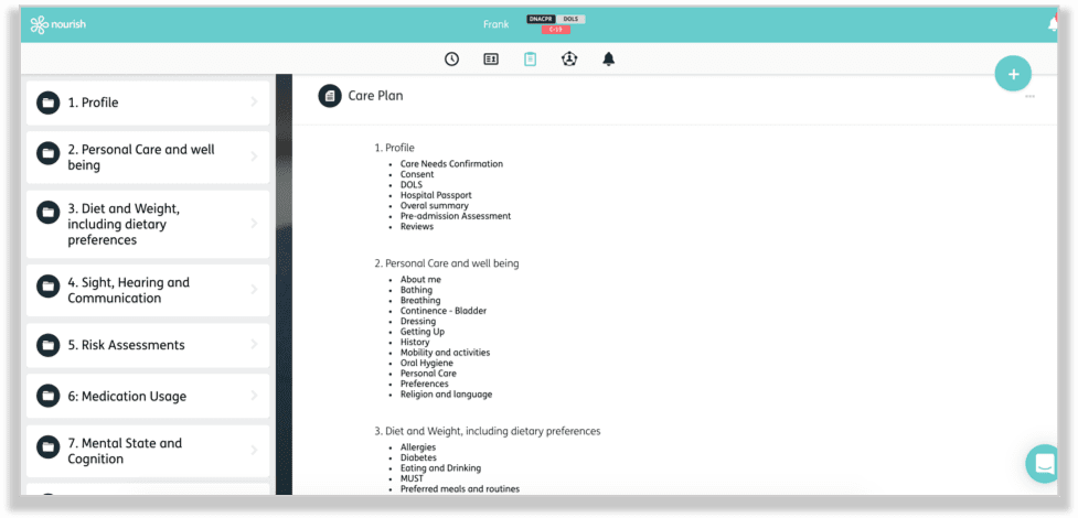 The Nourish Better Care contextual care plans screen