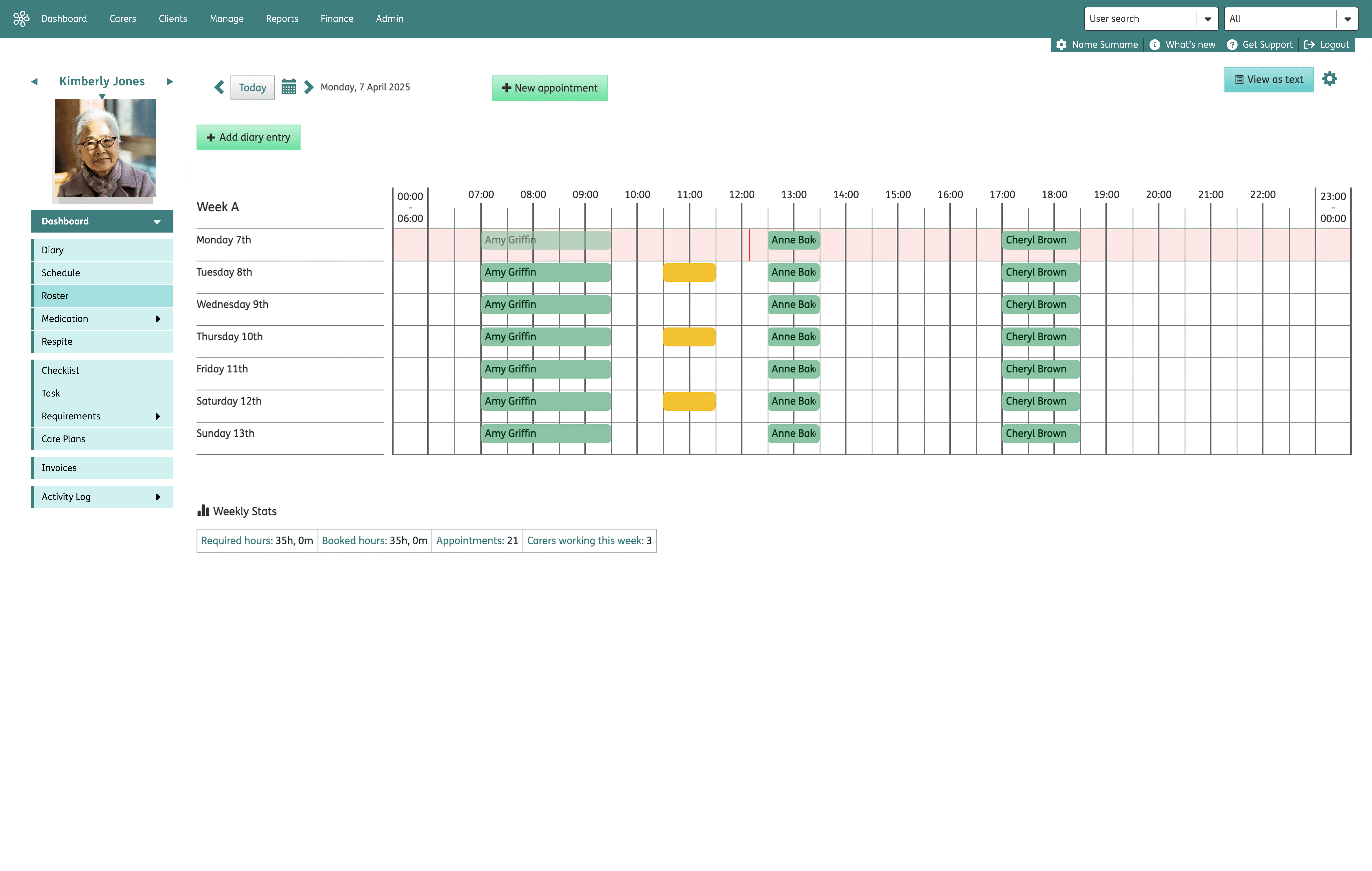 The Nourish Empower rostering desktop screen