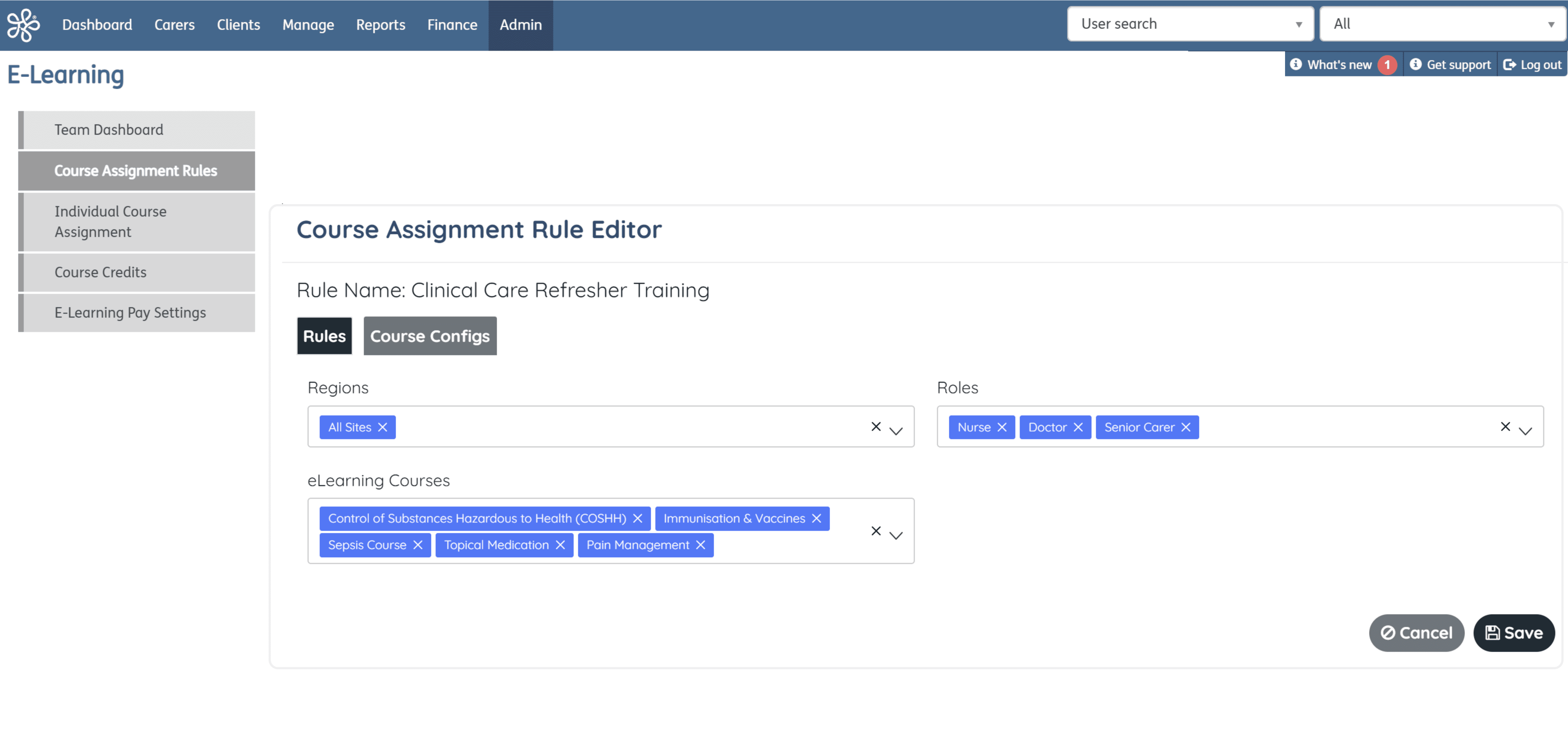 Nourish eLearning course assignment rules screen