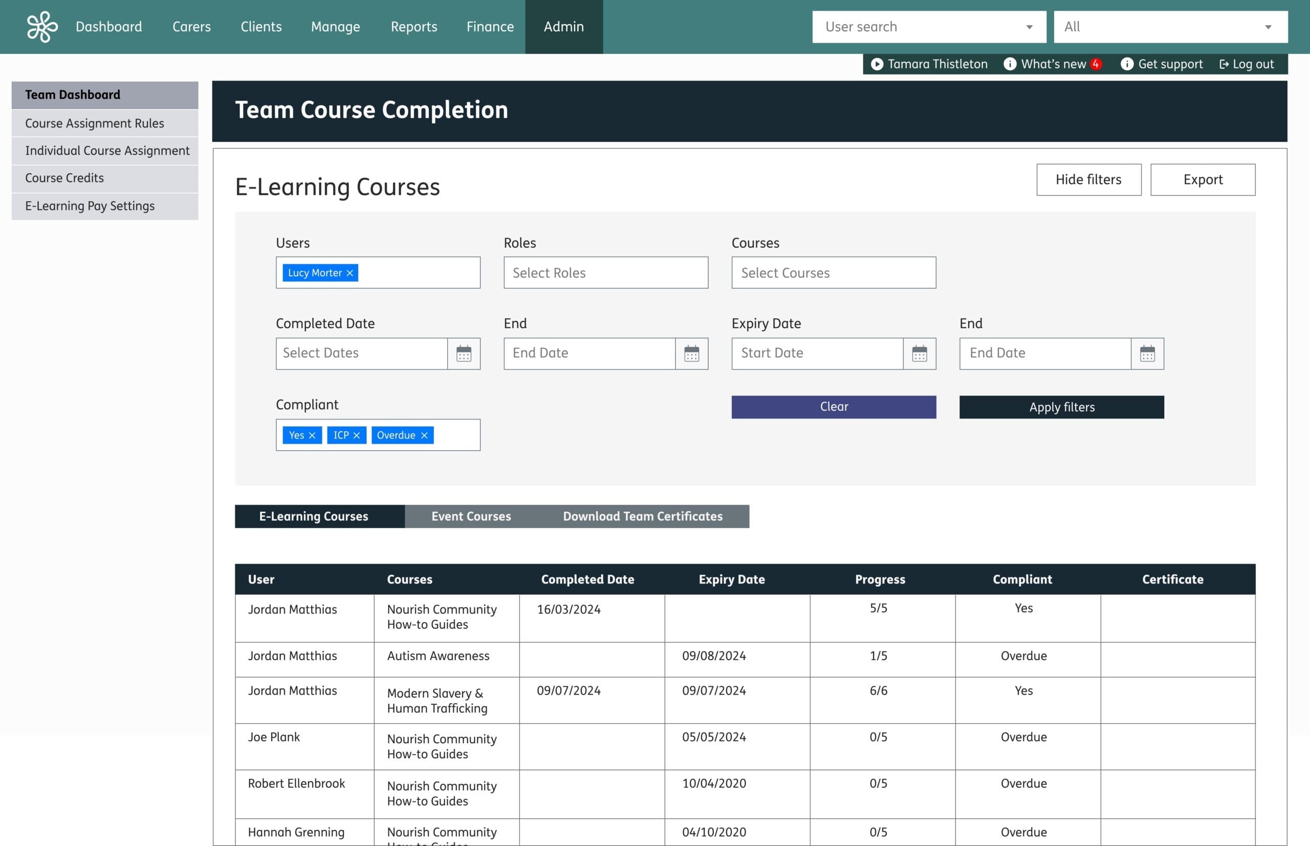 An overview screen of Nourish eLearning