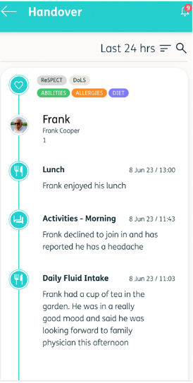 The Nourish Better Care handover mobile screen