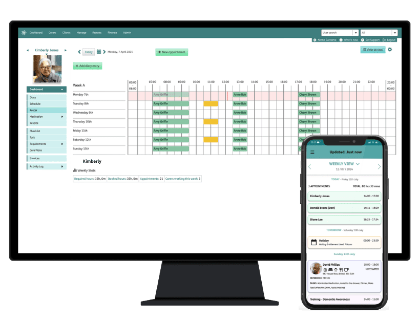 A mobile and desktop screen show Nourish Empower at work