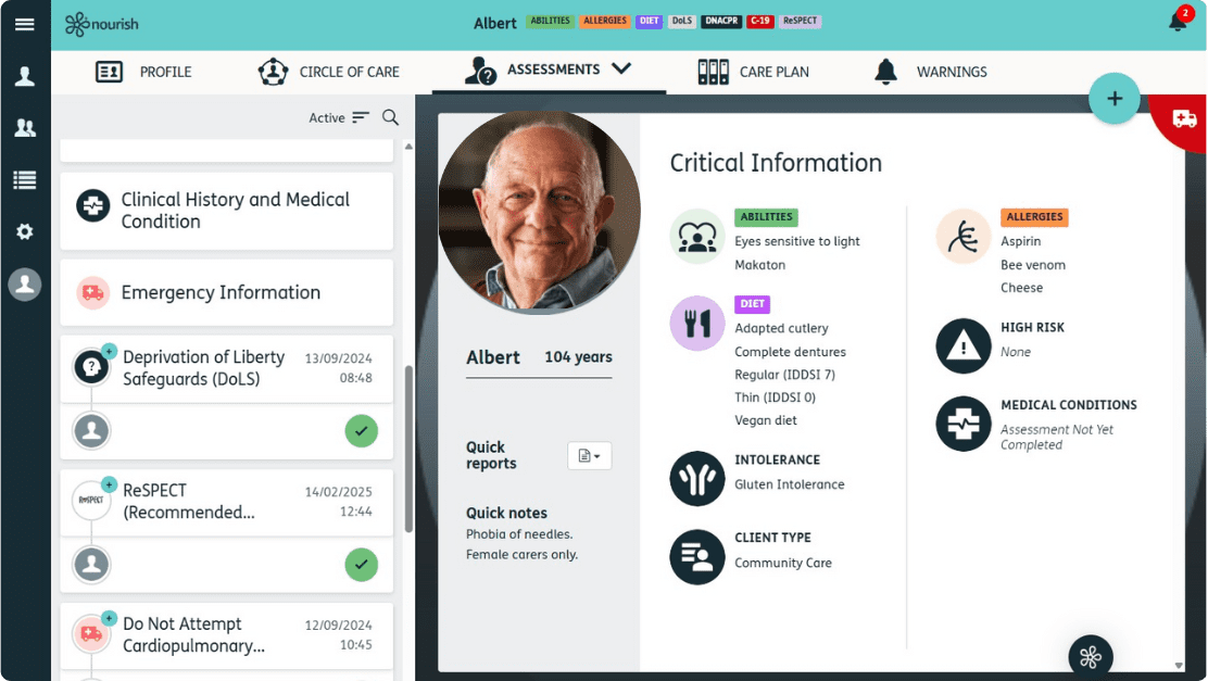The Nourish Better Care at Home desktop assessment screen
