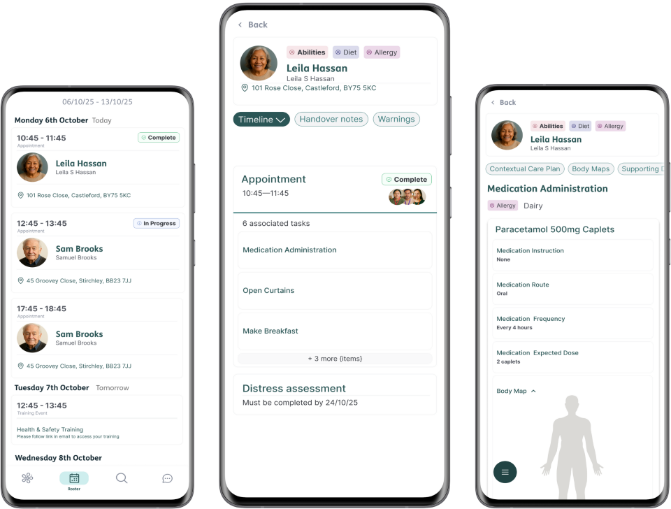 Three mobiles show the functionality of the new Better Care at Home app