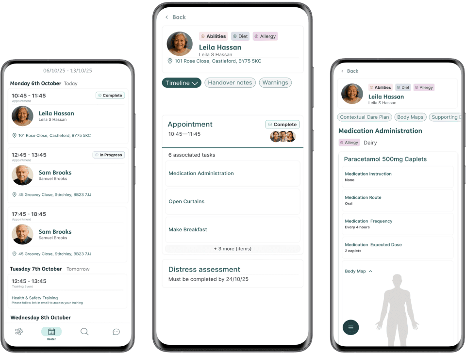 Three mobiles show the functionality of the new Better Care at Home app
